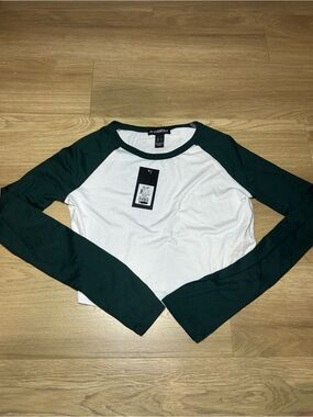 ESSENTIALS Women's Raglan Long Sleeve Top - Dark Green & White